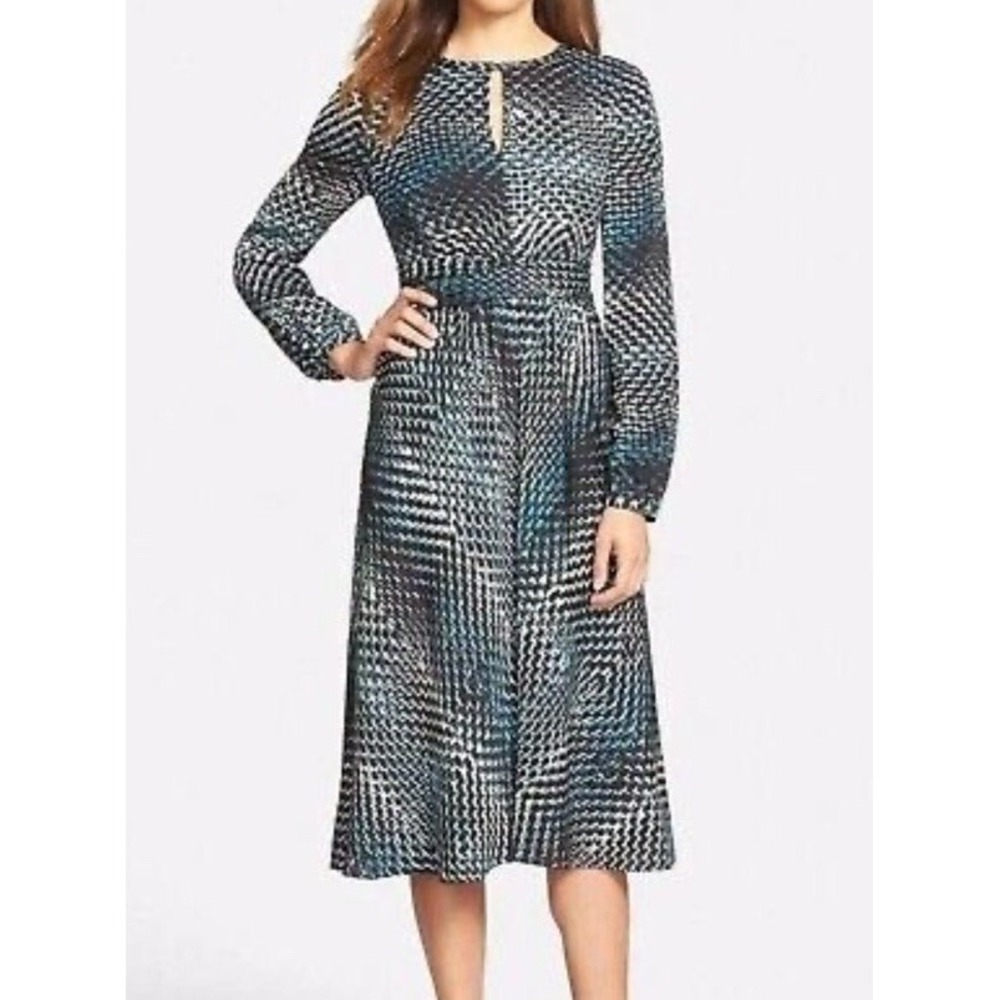 Classiques Entier Silk Geometric Midi Dress Green Blue Size 4 Pockets LongSleeve